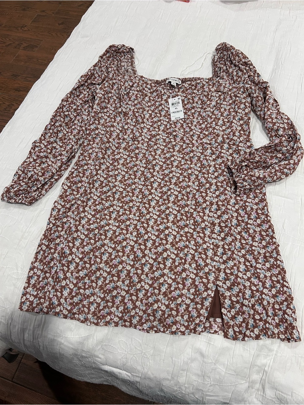 Floral Long Sleeve Square Neck Mini Dress in Brown